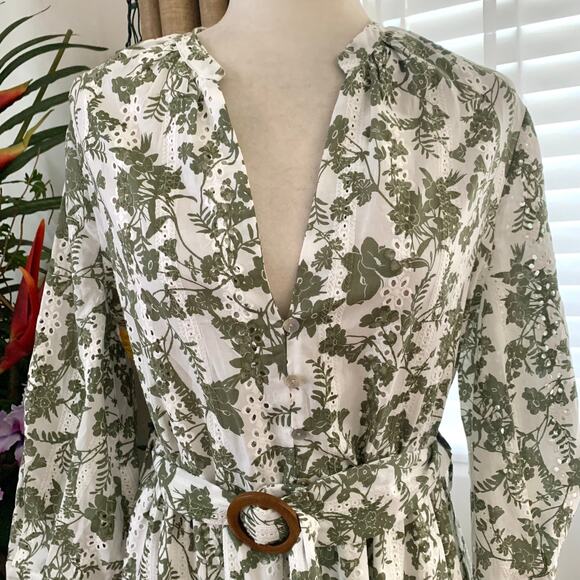 Zara V-neck Embroidered Eyelet Belted Mini Dress in White Green Floral - Picture 8 of 16